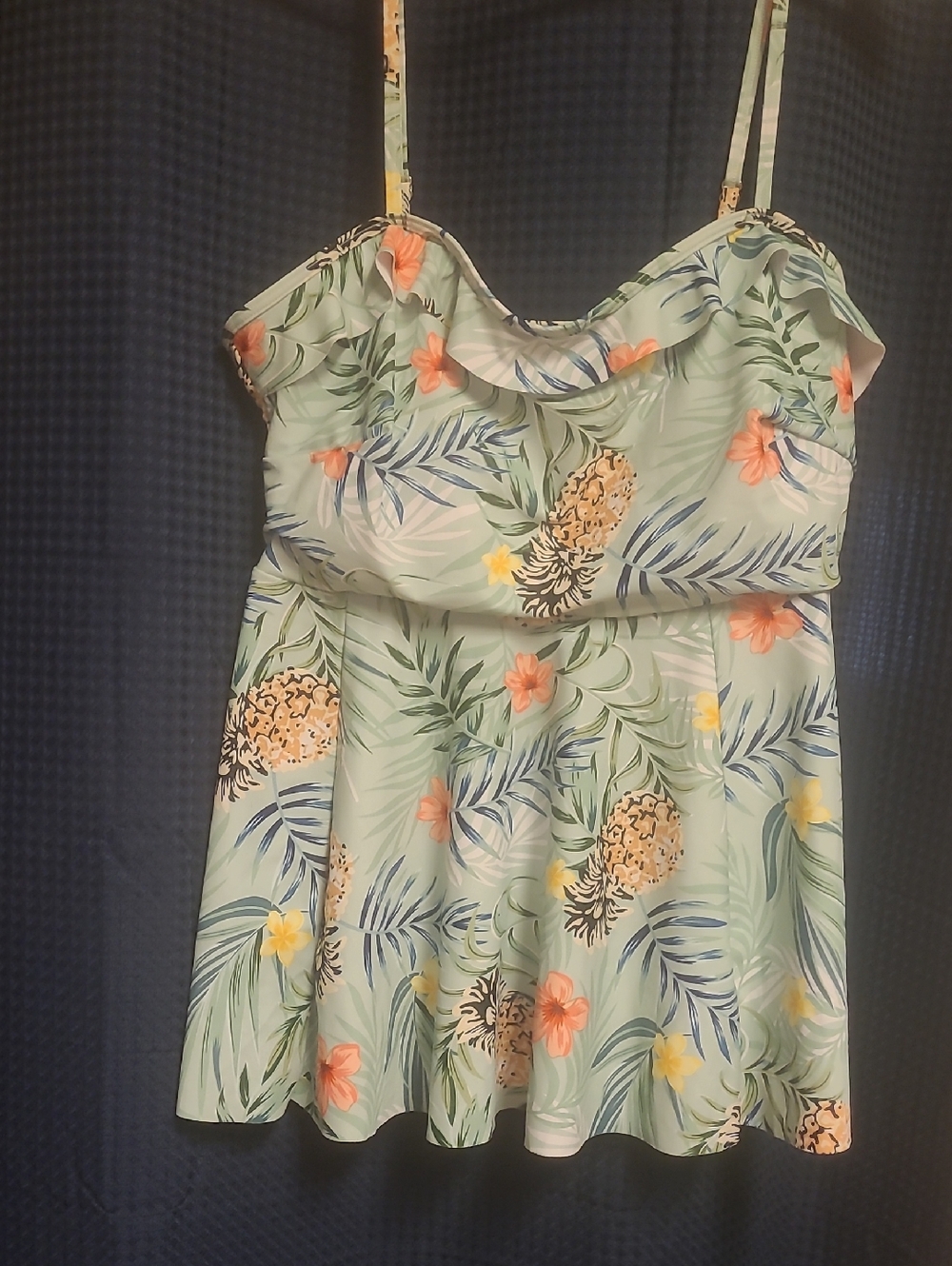 2XL Mint Roushed Tankini Top with Tropical Designs